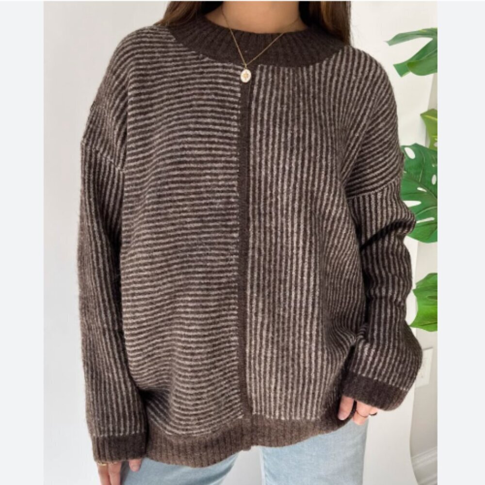 Brown Chunky Knit Warm Cozy Neutral Ribbed Casual Crewneck Sweater Oversized XS